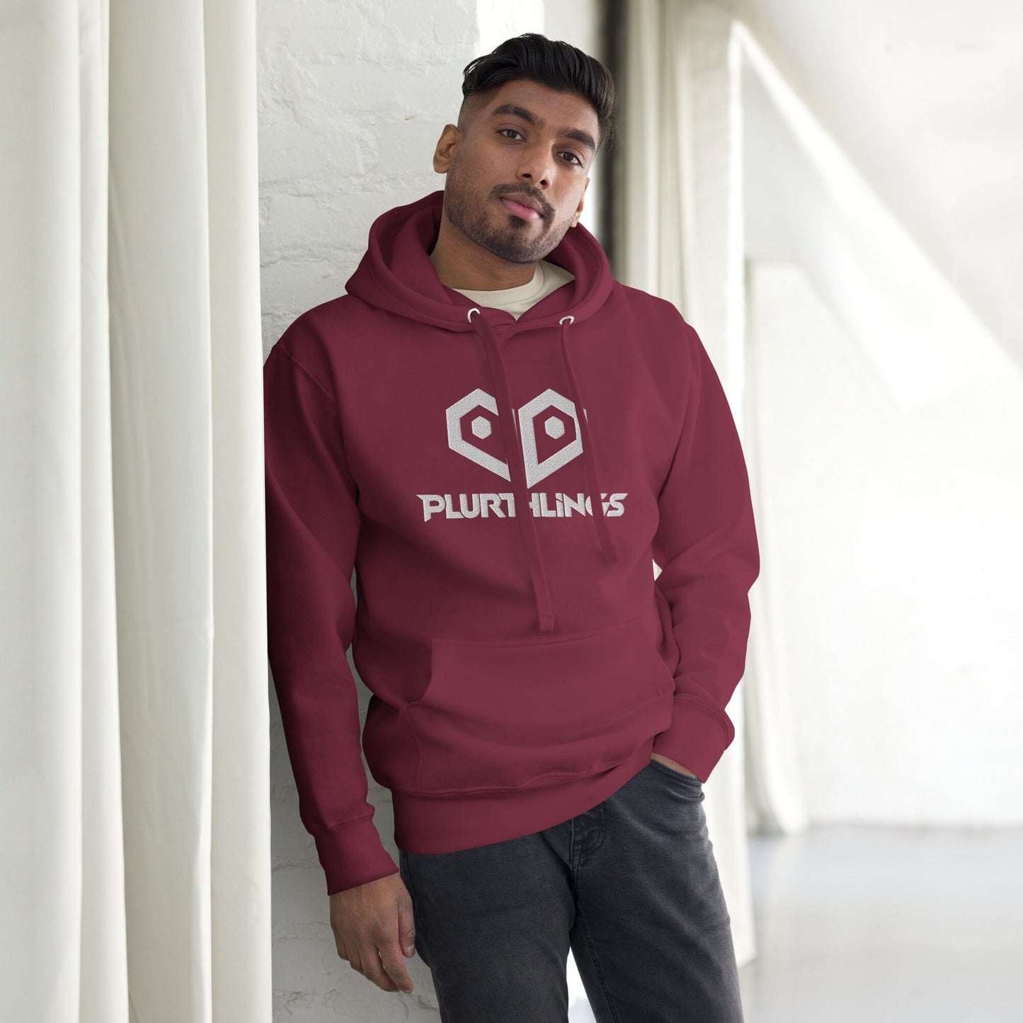 Plurthlings Embroidered White Logo Hoodie PLURTHLINGS Maroon S