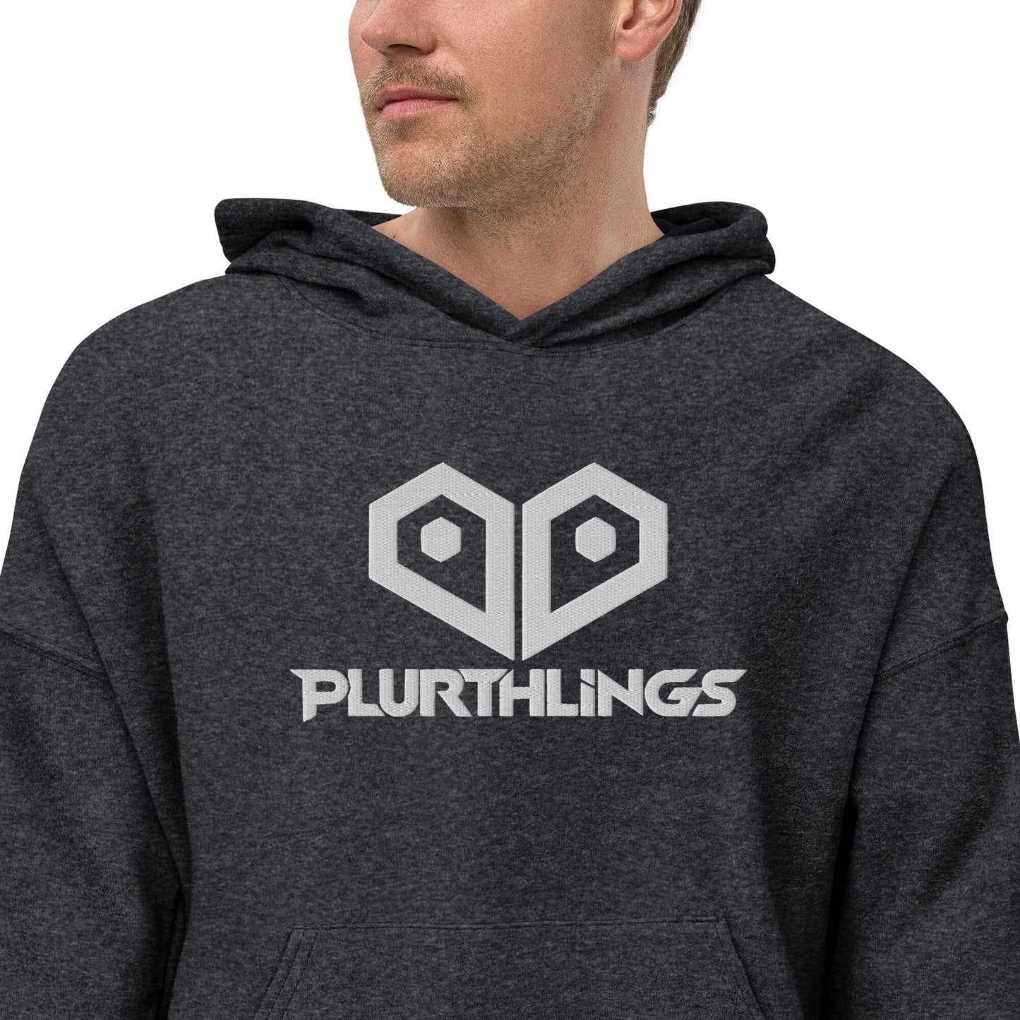 Plurthlings Embroidered White Heart Eco-Sueded Fleece Hoodie PLURTHLINGS Black Heather XS